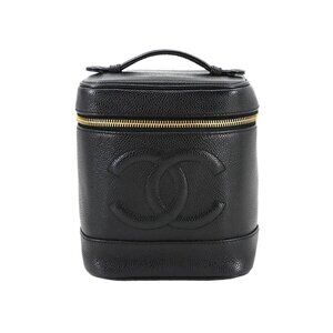 CHANEL Black Caviar Leather Logo Vanity Bag